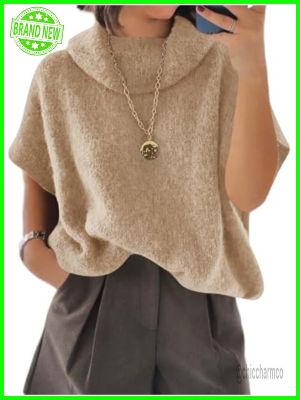 Oversized Turtleneck Short Sleeve Chunky Knit Pullover Sweater
